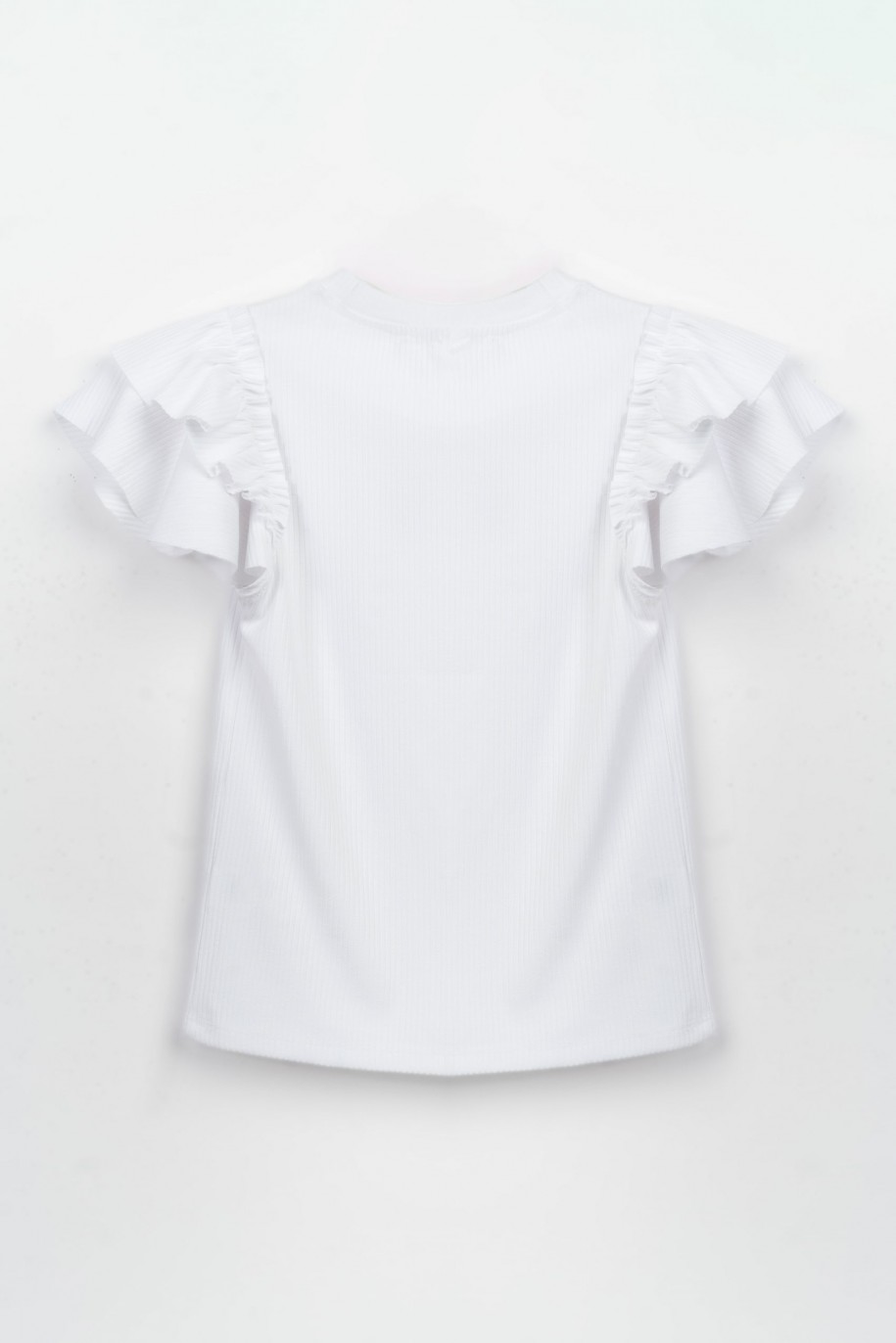 Biała bluzka z dzianiny prążkowanej z ozdobnymi rękawami - 47444