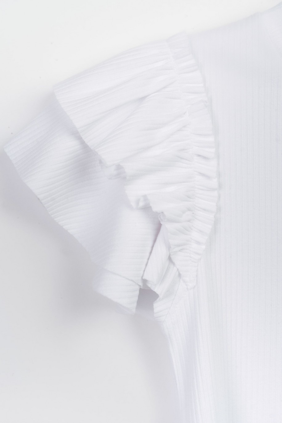 Biała bluzka z dzianiny prążkowanej z ozdobnymi rękawami - 47445