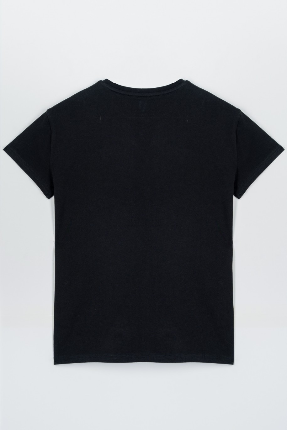 Czarny t-shirt z kolorowymi nadrukami z przodu - 47477