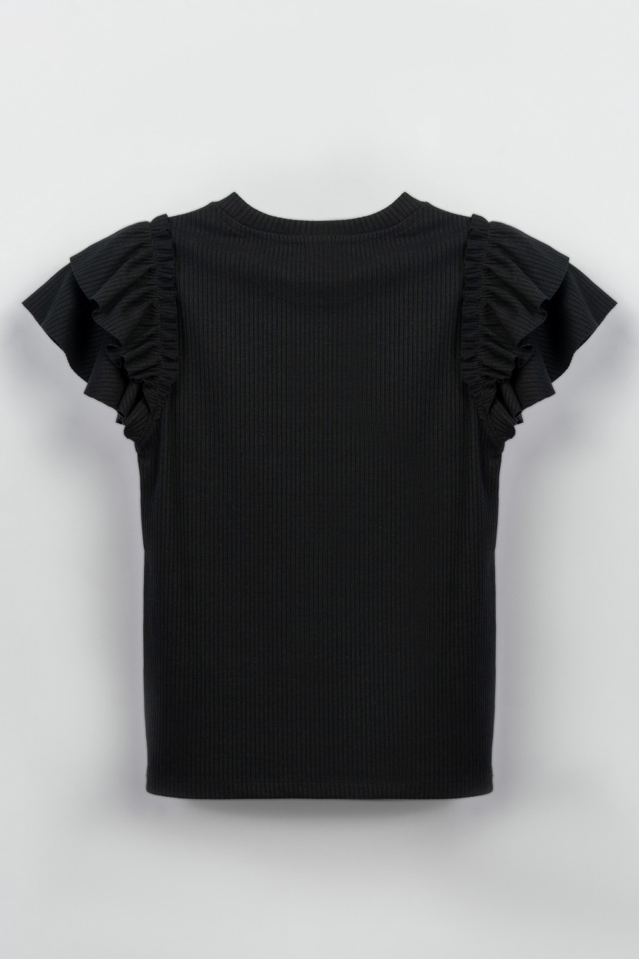Czarna bluzka z dzianiny prążkowanej z ozdobnymi rękawami - 47521