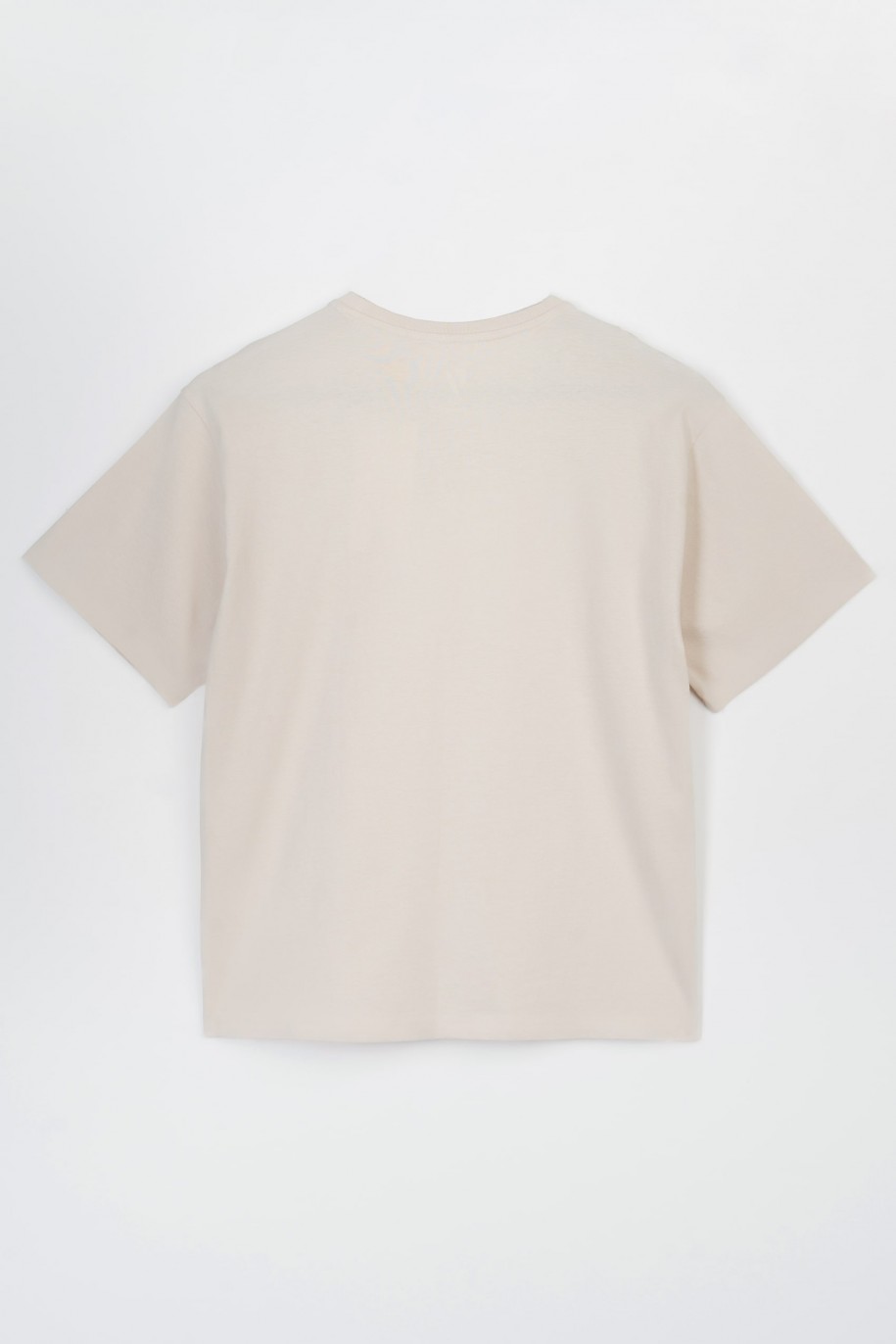 Beżowy t-shirt oversize z kolorowym nadrukiem z przodu - 47576