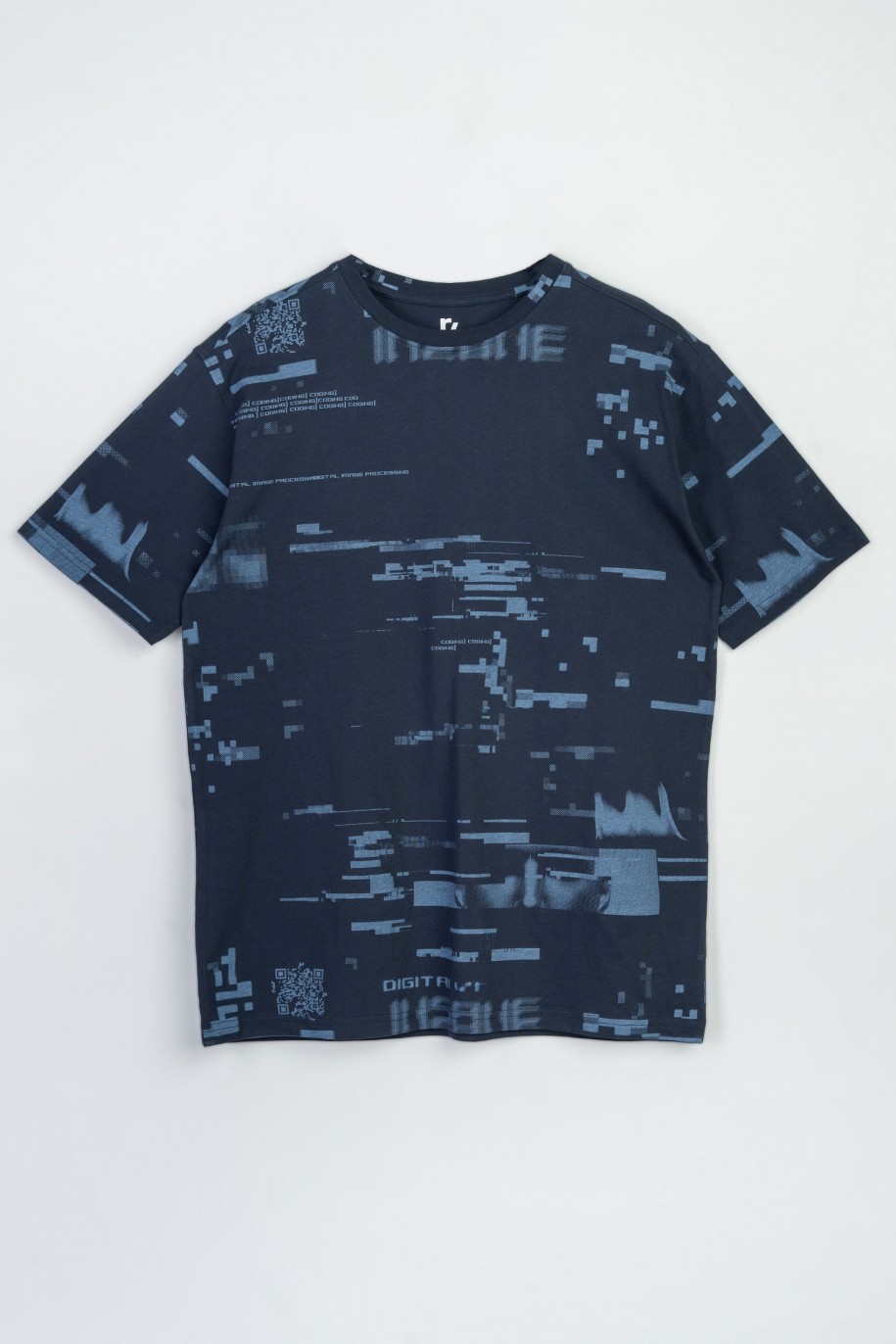 Granatowy t-shirt z niebieskim nadrukiem na całości - 47595