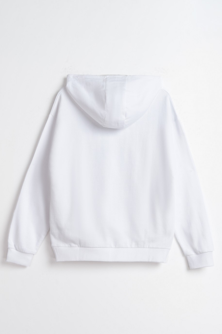 Biała bluza dresowa z kapturem z kontrastową grafiką z przodu - 47613