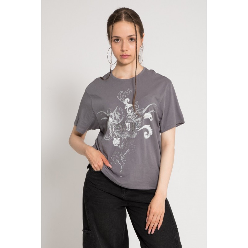 Szary t-shirt oversize z autorską grafiką z przodu - 48335