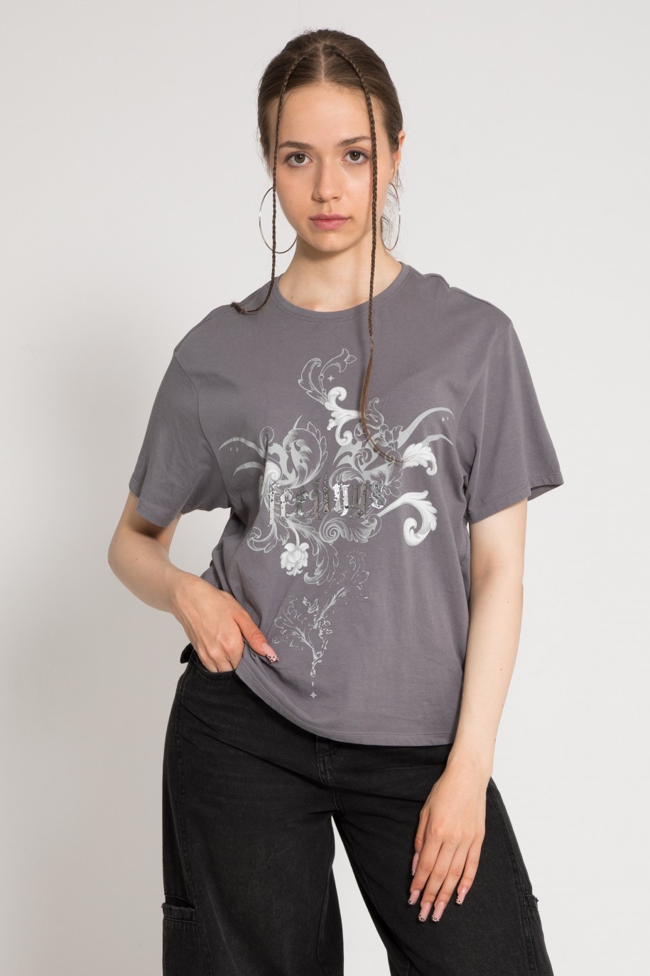 Szary t-shirt oversize z autorską grafiką z przodu - 48335