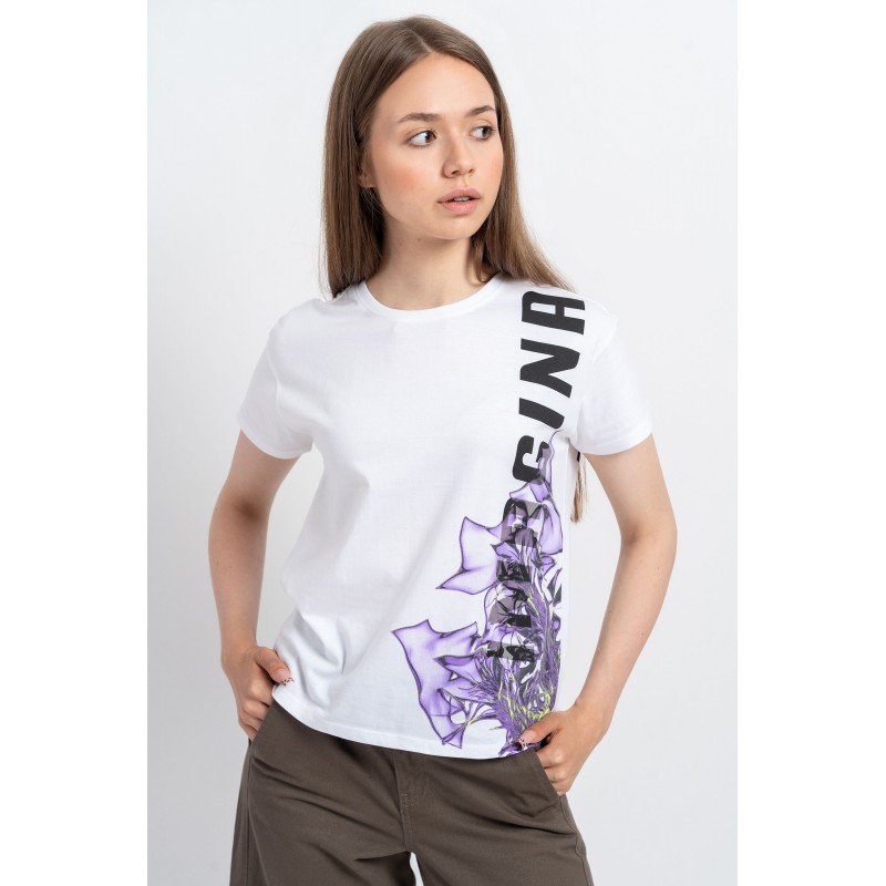 Biały t-shirt z kolorową grafiką z przodu - 48837