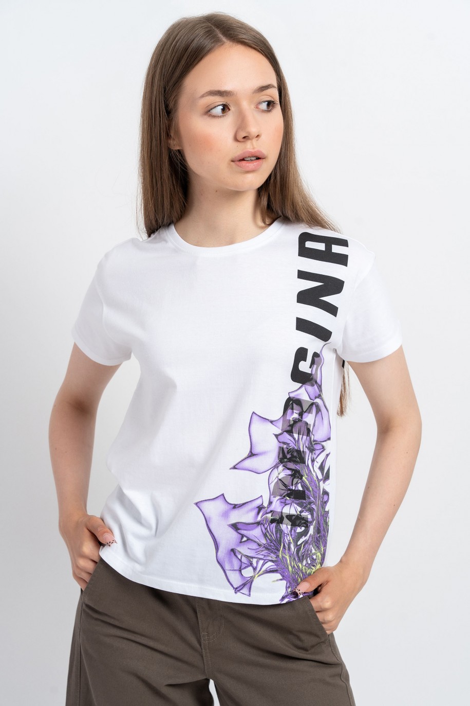 Biały t-shirt z kolorową grafiką z przodu - 48837