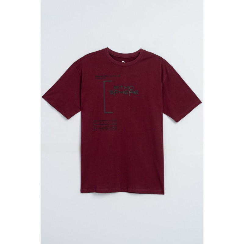 Bordowy t-shirt z czarnym nadrukiem z przodu - 48926