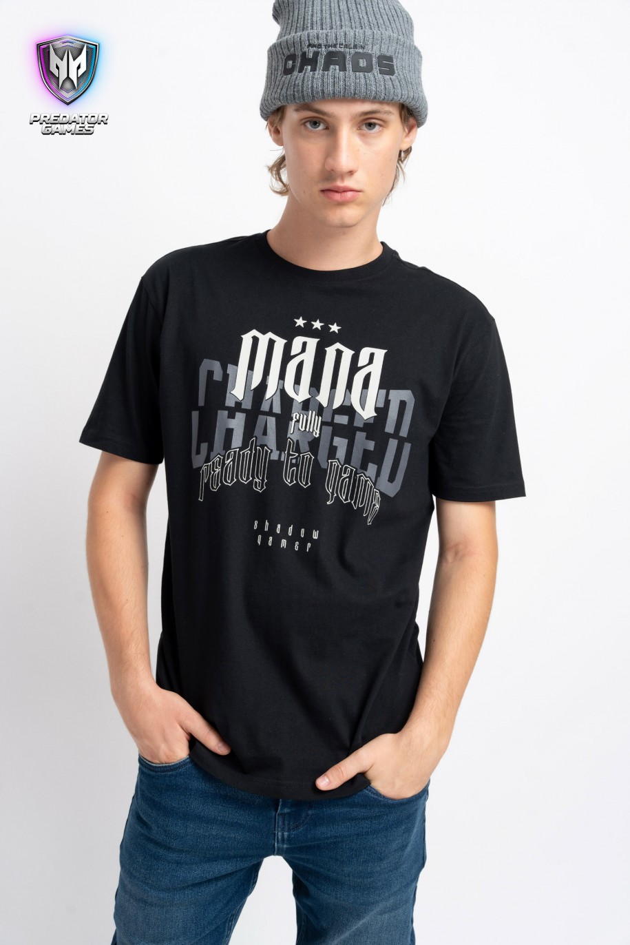 Czarny t-shirt z autorską grafika z przodu - 49028