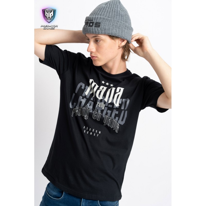 Czarny t-shirt z autorską grafika z przodu - 49030