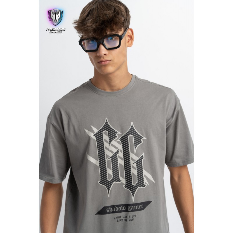 Szary t-shirt z autorską grafiką z przodu - 49054