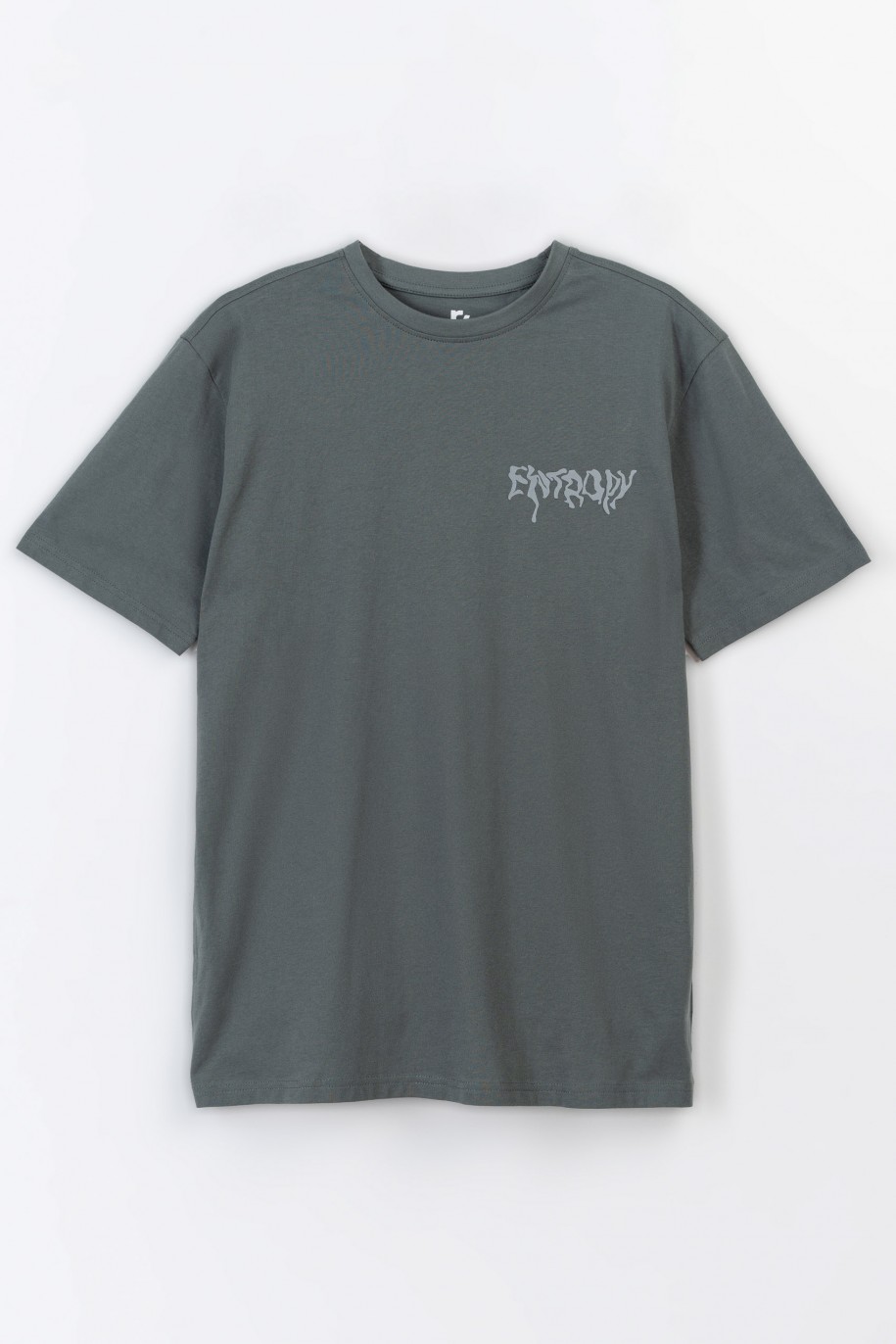 Khaki t-shirt z autorską grafika z tyłu - 49148