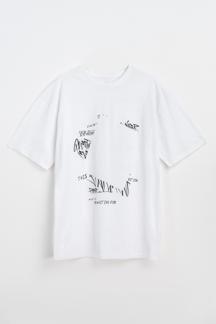 Biały t-shirt z autorską grafiką z przodu i z tyłu - 49727