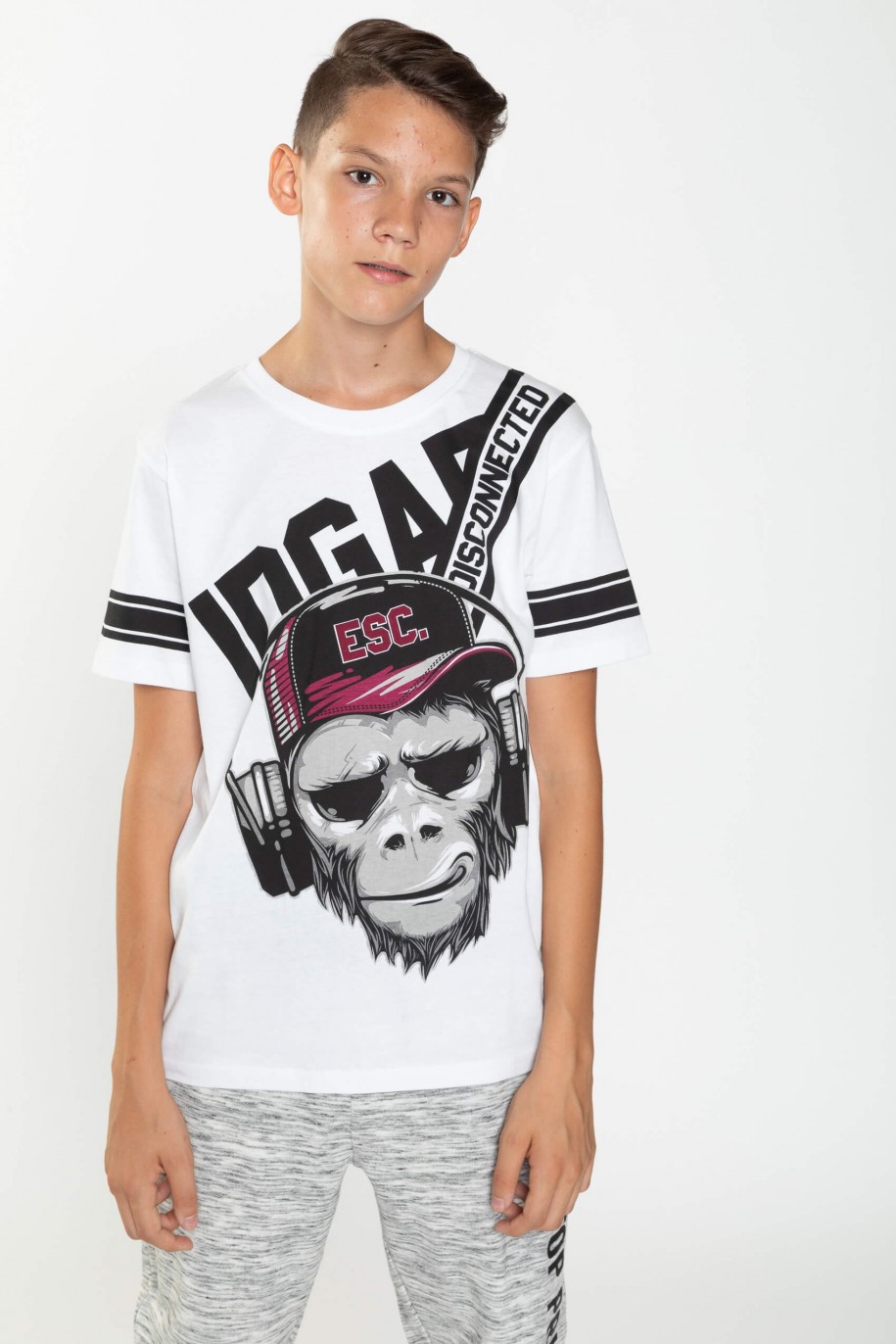 biały t-shirt z nadrukiem escape monkey dla chłopaka reporter young