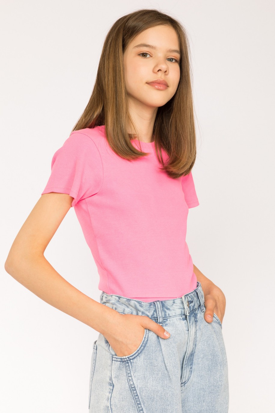 różowy t-shirt ze ściągaczem u dołu dla dziewczyny reporter young