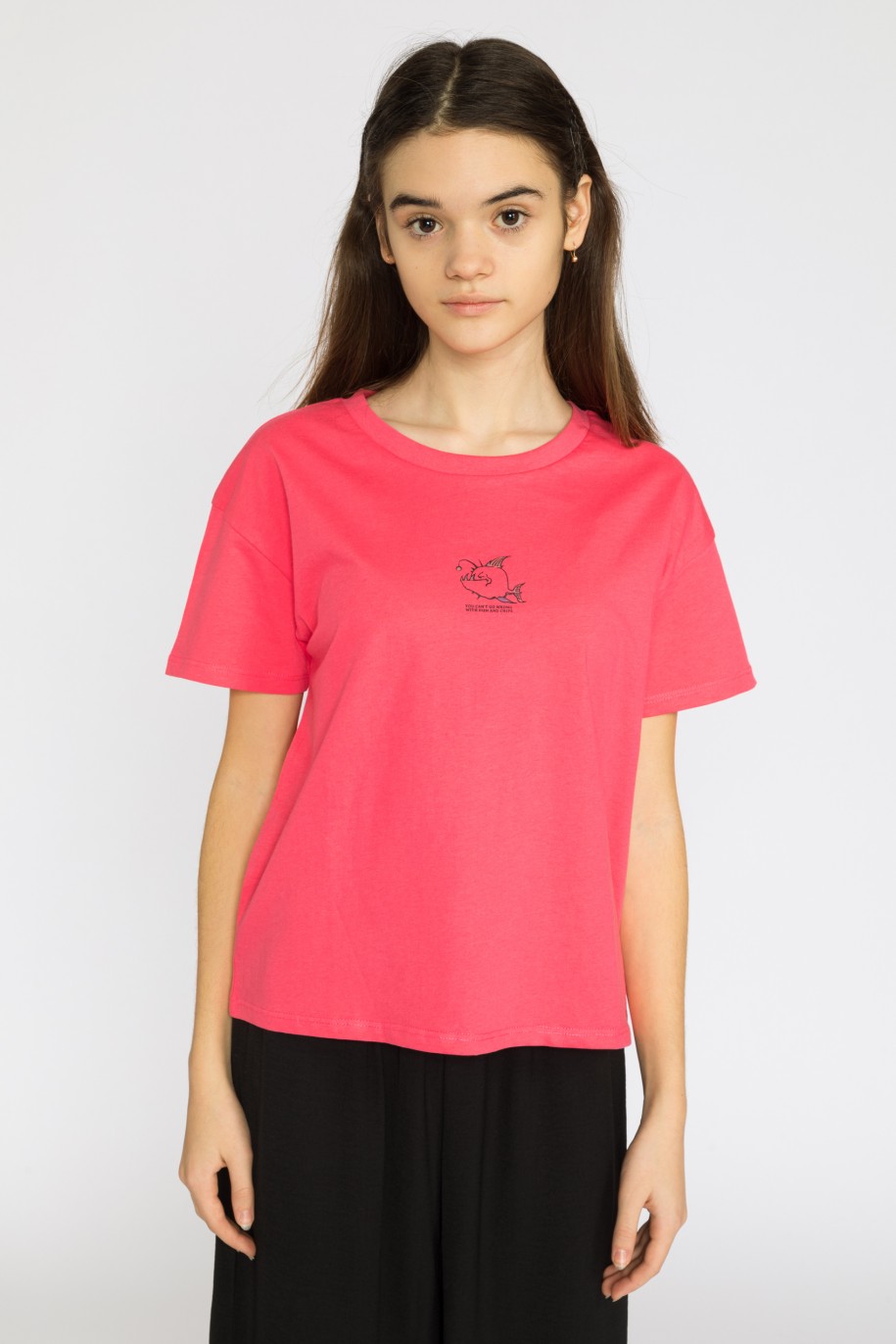 czerwony t-shirt z błyszczącą aplikacją fish dla dziewczyny reporter young