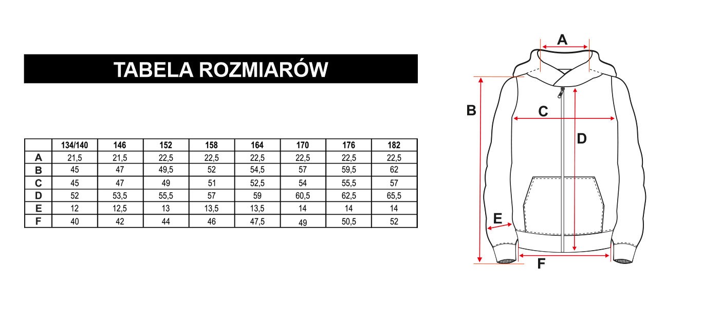 Tabela rozmiarów - Czarna rozpinana bluza dresowa z kapturem ANTIQUE