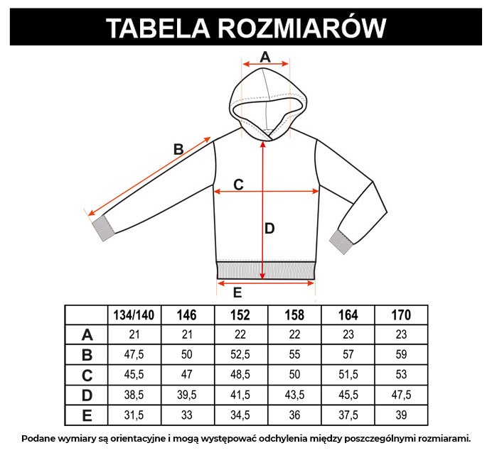 Tabela rozmiarów - Czarna bluza z kapturem z nadrukiem w kolorze soczystej zieleni