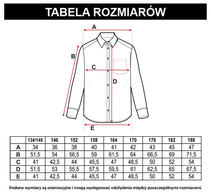 Tabela rozmiarów - Biała koszula z długim rękawem z tkaniny w prążki