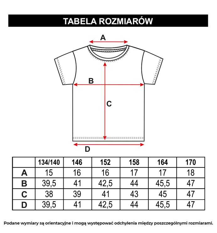 Tabela rozmiarów - Biały T-shirt z kolorowym nadrukiem z przodu