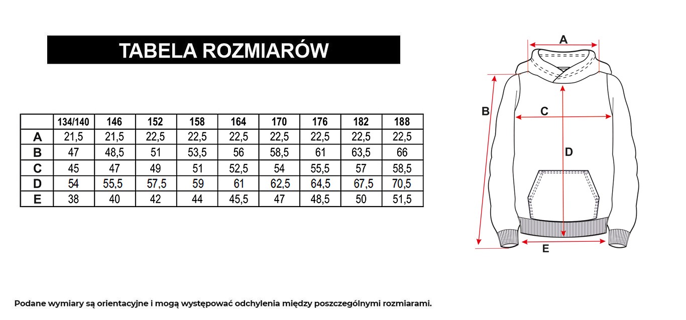 Tabela rozmiarów - Czarna bluza z kapturem z kolorową grafiką z przodu