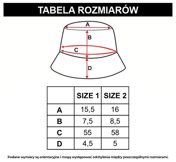 Tabela rozmiarów - Niebieski kapelusz typu bucket hat