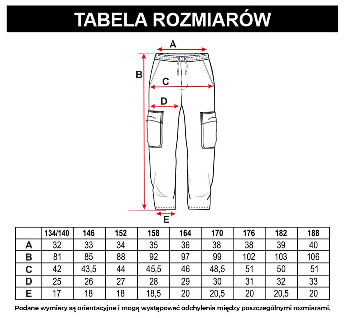 Tabela rozmiarów - Spodnie typu cargo w kolorze khaki