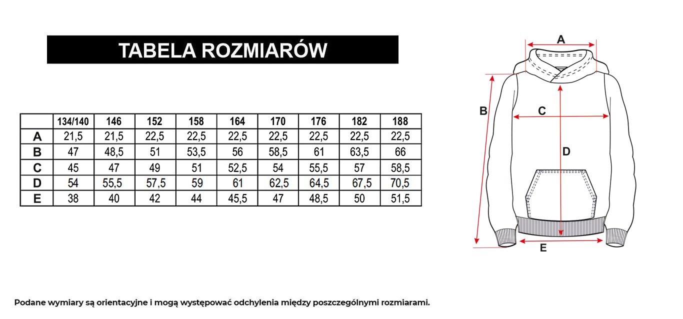 Tabela rozmiarów - Czarna bluza z kapturem z minimalistycznym nadrukiem na wysokości piersi