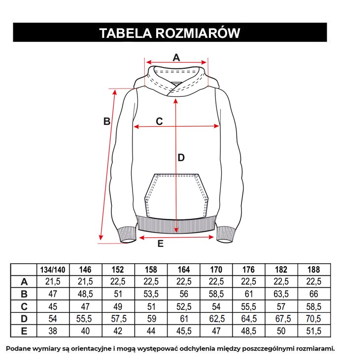 Tabela rozmiarów - Czarna bluza z kapturem z minimalistycznym nadrukiem na wysokości piersi