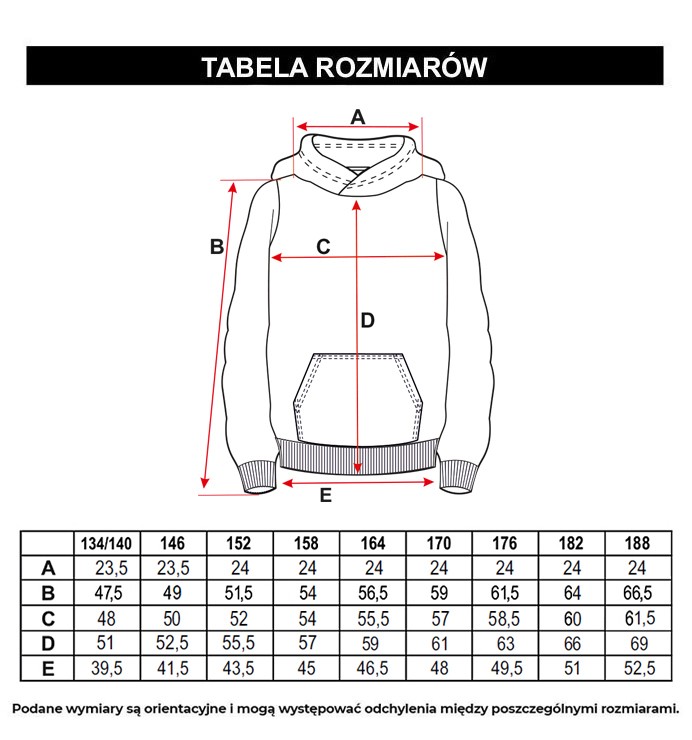 Tabela rozmiarów - Szara bluza z kapturem z nadrukiem w technice reflective print z przodu