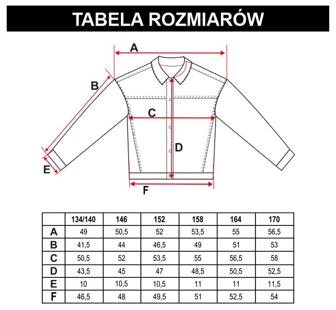 Tabela rozmiarów - Czarna jeansowa kurtka przejściowa z ozdobnymi frędzlami
