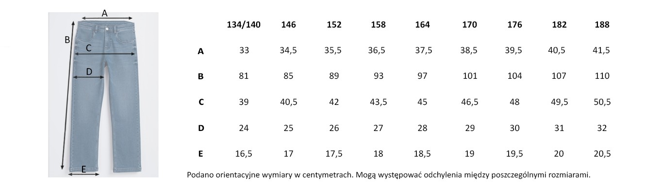 Tabela rozmiarów - Granatowe spodnie jeansowe o klasycznym kroju