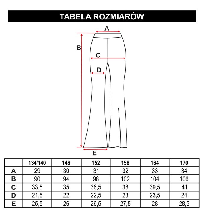 Tabela rozmiarów - Czarne elastyczne spodnie typu dzwony