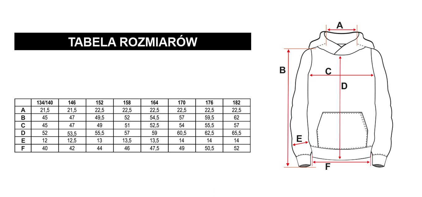 Tabela rozmiarów - Fioletowa bluza dresowa z nadrukami z kapturem
