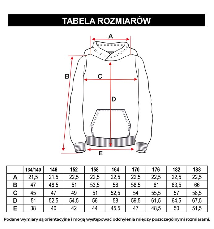 Tabela rozmiarów - Granatowa bluza z kapturem z niebieskim nadrukiem na całości wkładana przez głowę