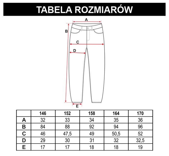 Tabela rozmiarów - Niebieskie jeansy z ozdobnymi rozdarciami