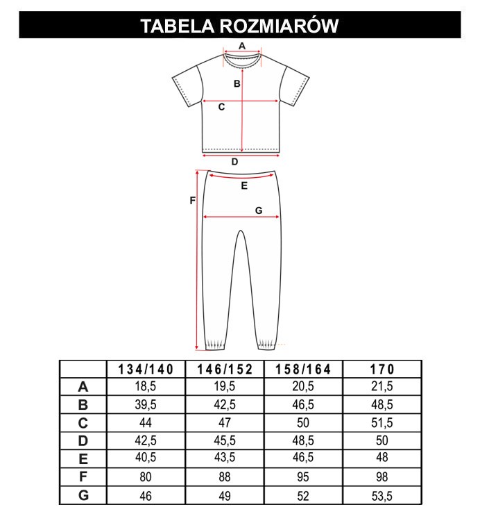 Tabela rozmiarów - Fioletowa piżama w nadruki