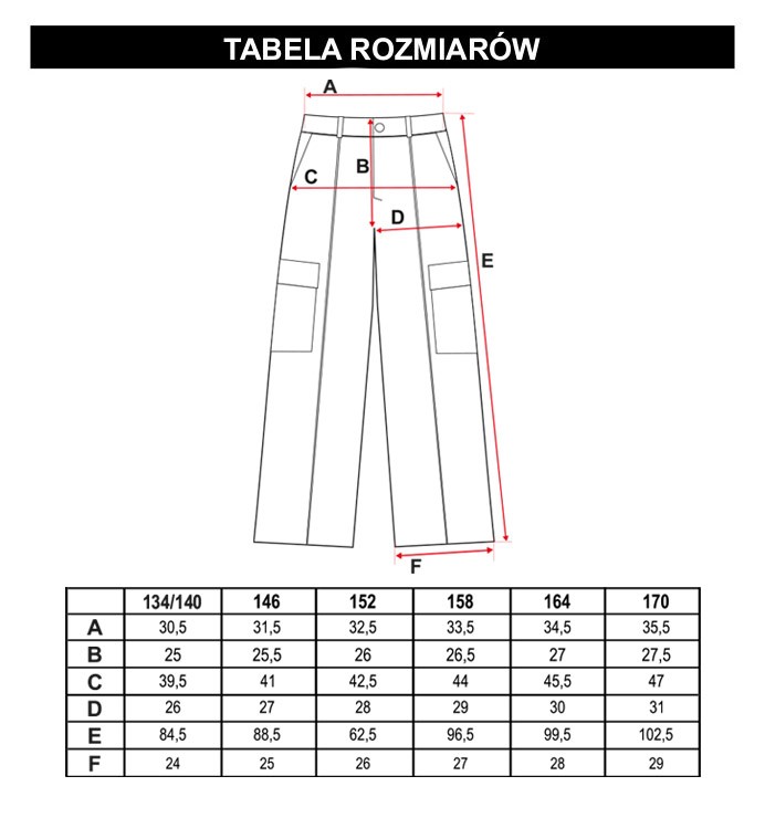 Tabela rozmiarów - Czarne rozszerzane spodnie dla dziewczyny z kieszeniami cargo i łańcuszkiem