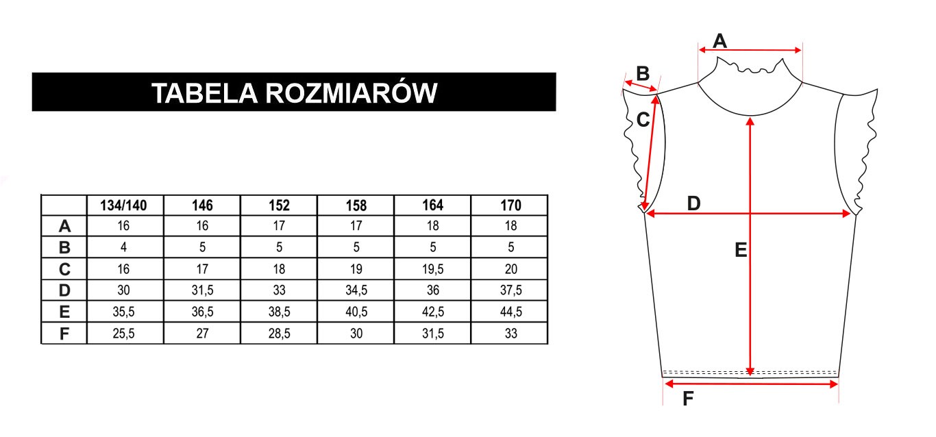 Tabela rozmiarów - Elegancka bluzka z falbankami dla dziewczyny