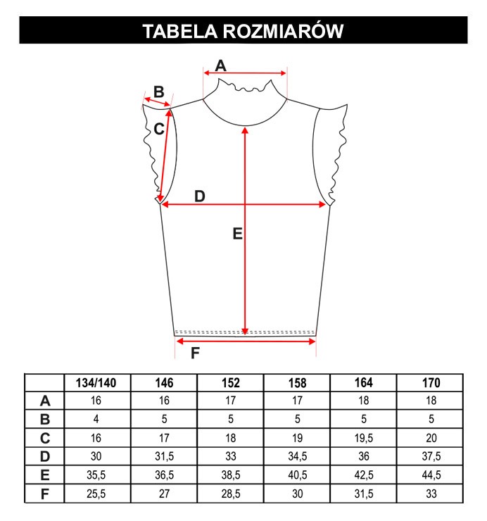 Tabela rozmiarów - Elegancka bluzka z falbankami dla dziewczyny