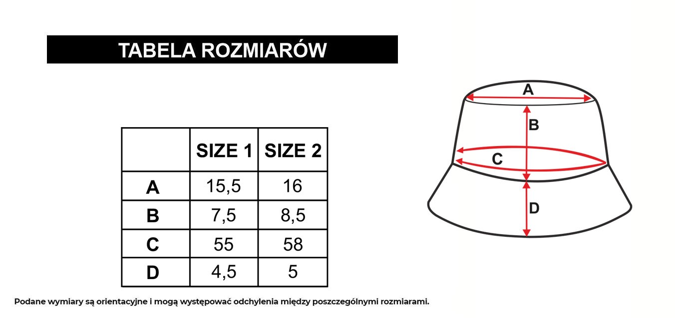Tabela rozmiarów - Czarny dwustronny kapelusz typu bucket hat