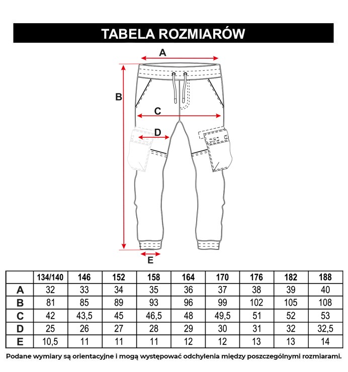 Tabela rozmiarów - Szare spodnie typu bojówki z przestrzennymi kieszeniami