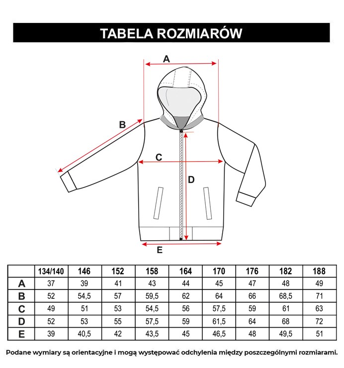 Tabela rozmiarów - Czarna kurtka przejściowa z kapturem z kolorowym nadrukiem na całości