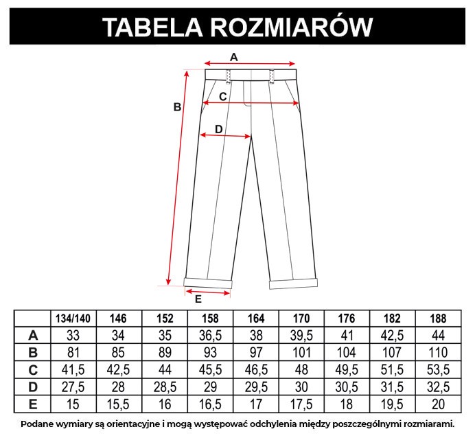 Tabela rozmiarów - Granatowe spodnie garniturowe