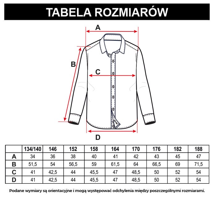 Tabela rozmiarów - Biała koszula z długim rękawem zapinana na guziki