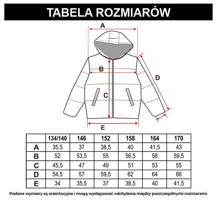 Tabela rozmiarów - Czarna ocieplana pikowana kurtka z kapturem i nadrukami