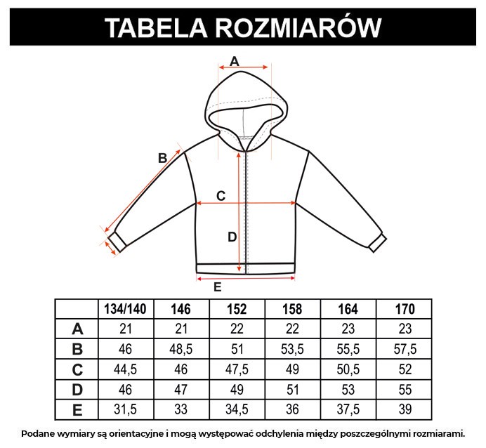 Tabela rozmiarów - Czarna rozpinana bluza dresowa z kapturem i nadrukami
