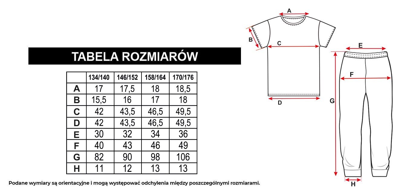 Tabela rozmiarów - Czarno-fioletowa piżama t-shirt i spodnie