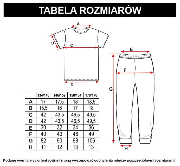 Tabela rozmiarów - Czarno-fioletowa piżama t-shirt i spodnie