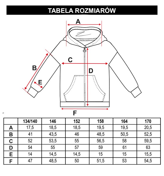 Tabela rozmiarów - Czarna rozpinana bluza dresowa z kapturem i nadrukiem na plecach